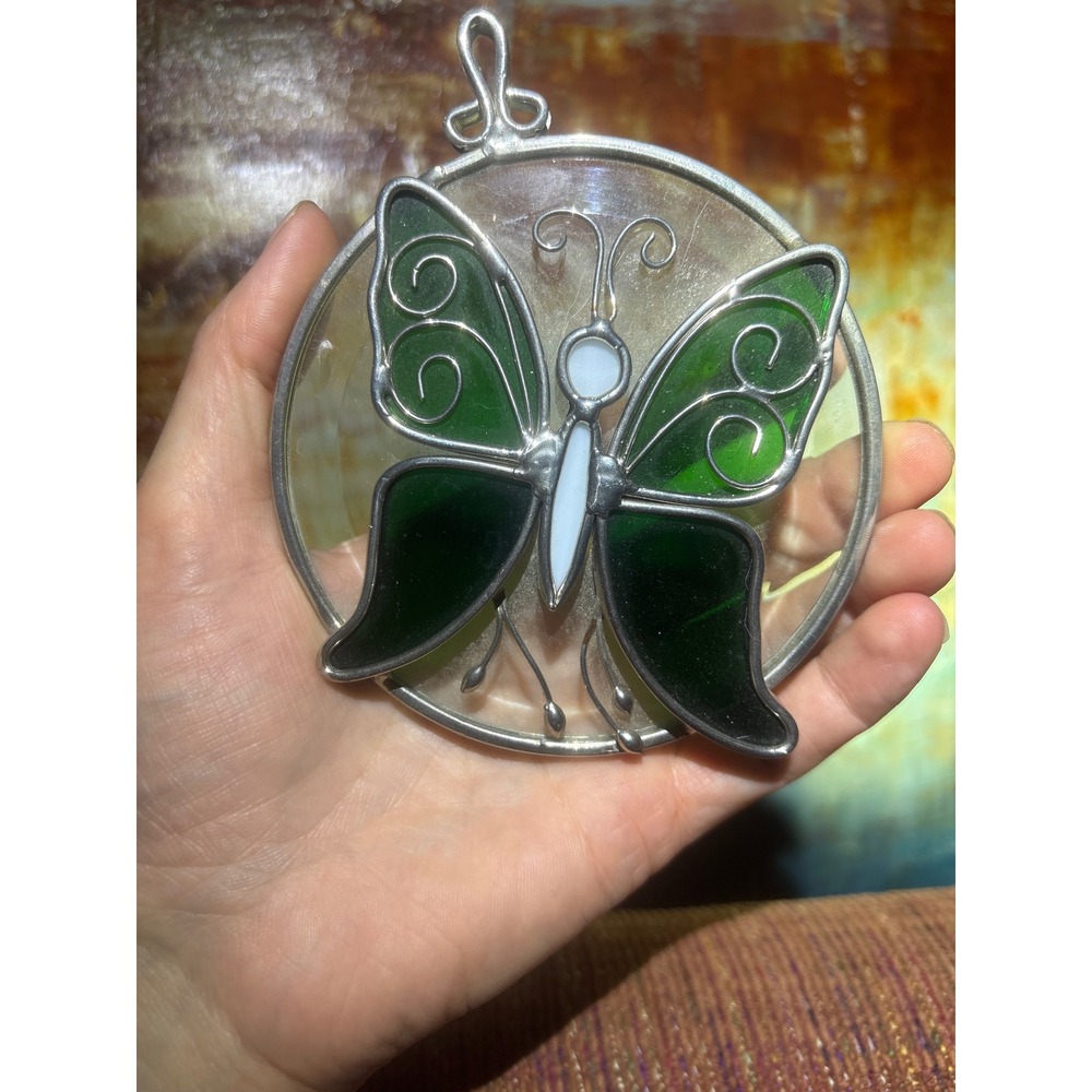 Vintage Stained Glass Butterfly Suncatcher Green Art Glass Window Hanging 4.5in